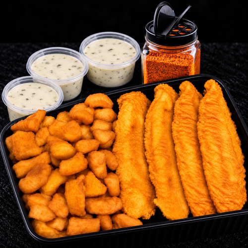 1000 Gram Kibbeling, 4 Lekkerbekken, Bus Kruiden 200 Gram, 3x Saus | Glutenvrij - Gratis Verzending